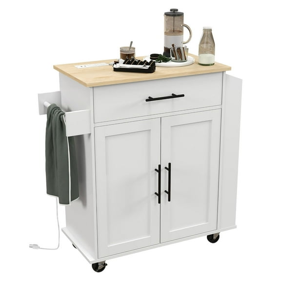 Kitchen Island with Power Outlets, Rolling Kitchen Cart with Storage, White