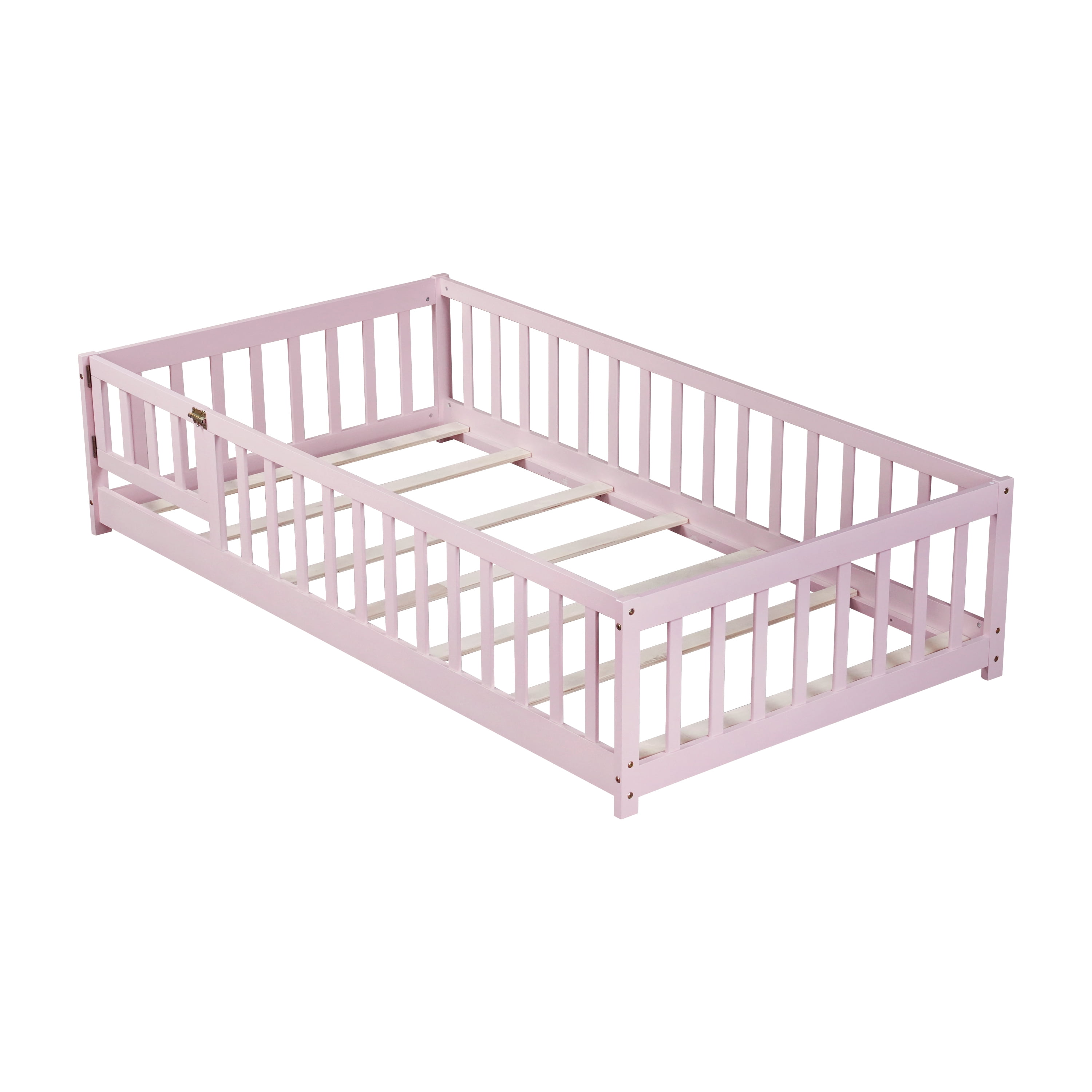 Twin Size Rubber Wood Kids Floor Bed with Full Surround Safety Guardrails & Access Door, Platform Bed with 7 Support Slats, 250LBS Capacity, Mattress Not Included for Small Bedroom
