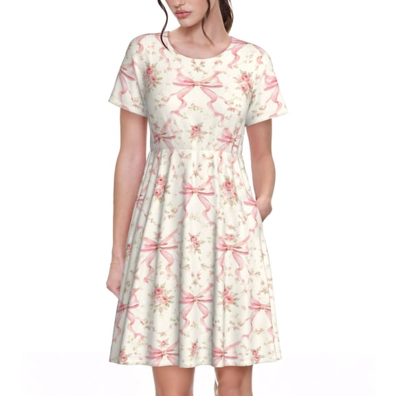 Pink Bow Rose Dresses Short Sleeve Nightdresses for Women