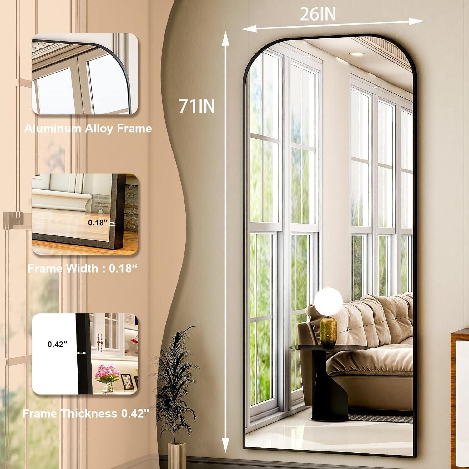 Easy4Home 71"x26" Arched Full Length Mirror Metal Frame Freestanding Mirror Wall-Mounted, Black