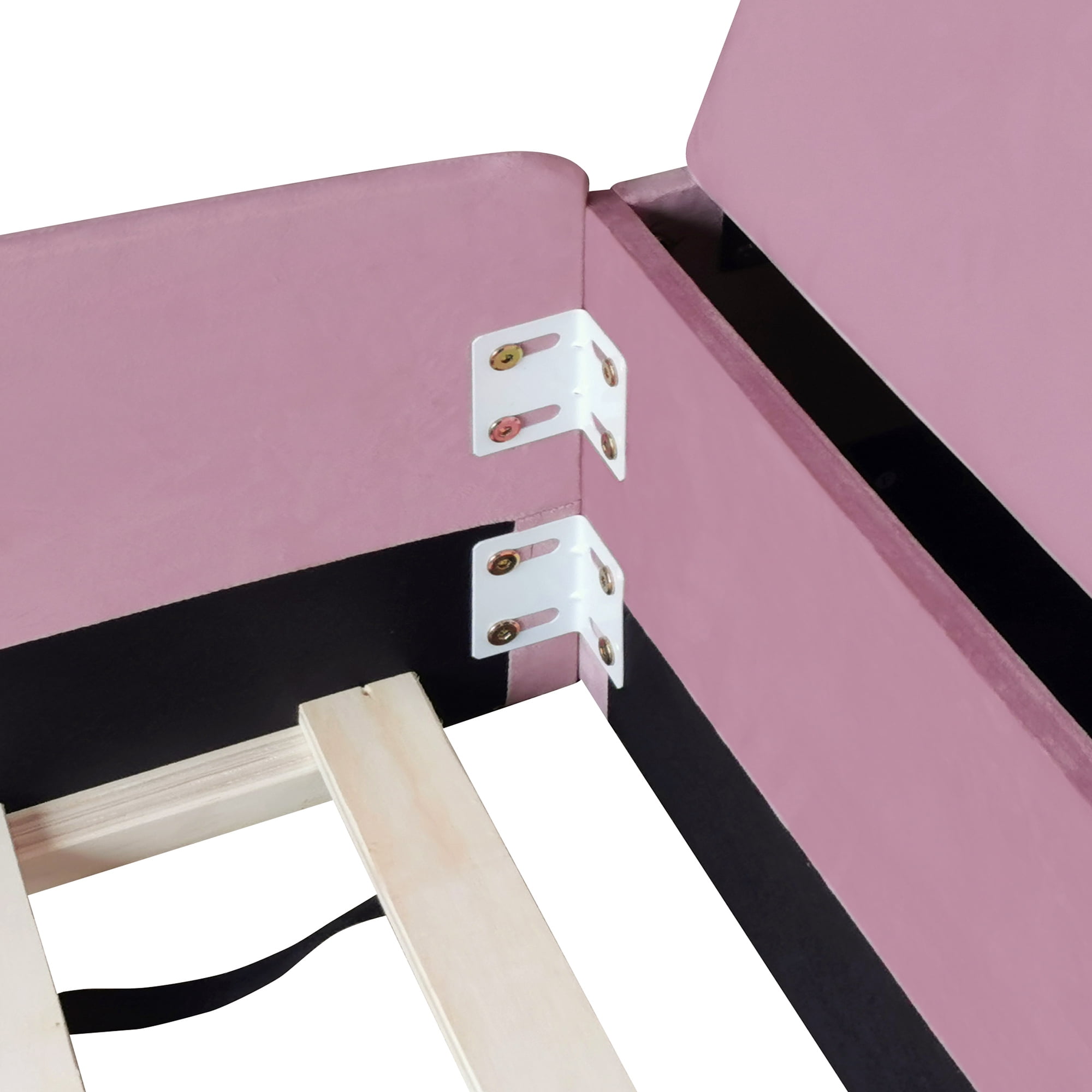 Leumius Full Size Floor Bed Frame with Stairs & Gas Lift Storage Ottoman, Velvet Upholstered Daybed with Padded Guardrails, Pink+White