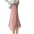 thumbnail image 2 of Ndbuld Womens Skirt Boho Elastic High Waist Ankle High Waisted A-Line Long Maxi Skirt Women Solid Color Mink Ruffle Pleated Skirt High Waisted Knitted Half Skirt,Pink, 2 of 9
