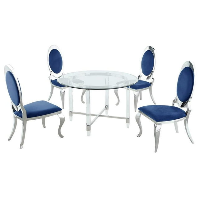 Set de 5 Pièces avec Table en Verre Circulaire et Accents en Acier Inoxydable Argenté
