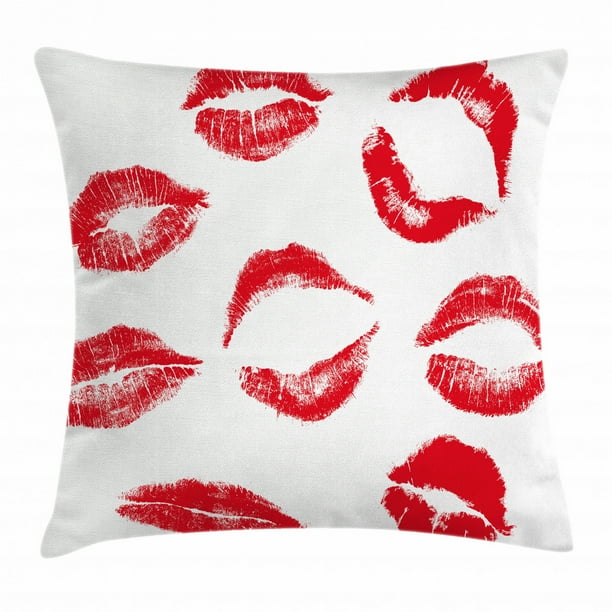Kiss Throw Pillow Cushion Cover, Various Different Kiss Marks in Red