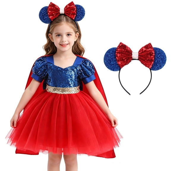 Girls Sequin Tutu Dress with Headband Glitter Superhero Knee-Length Party Gown with Detachable Bow Fantasy Outfit for Kids