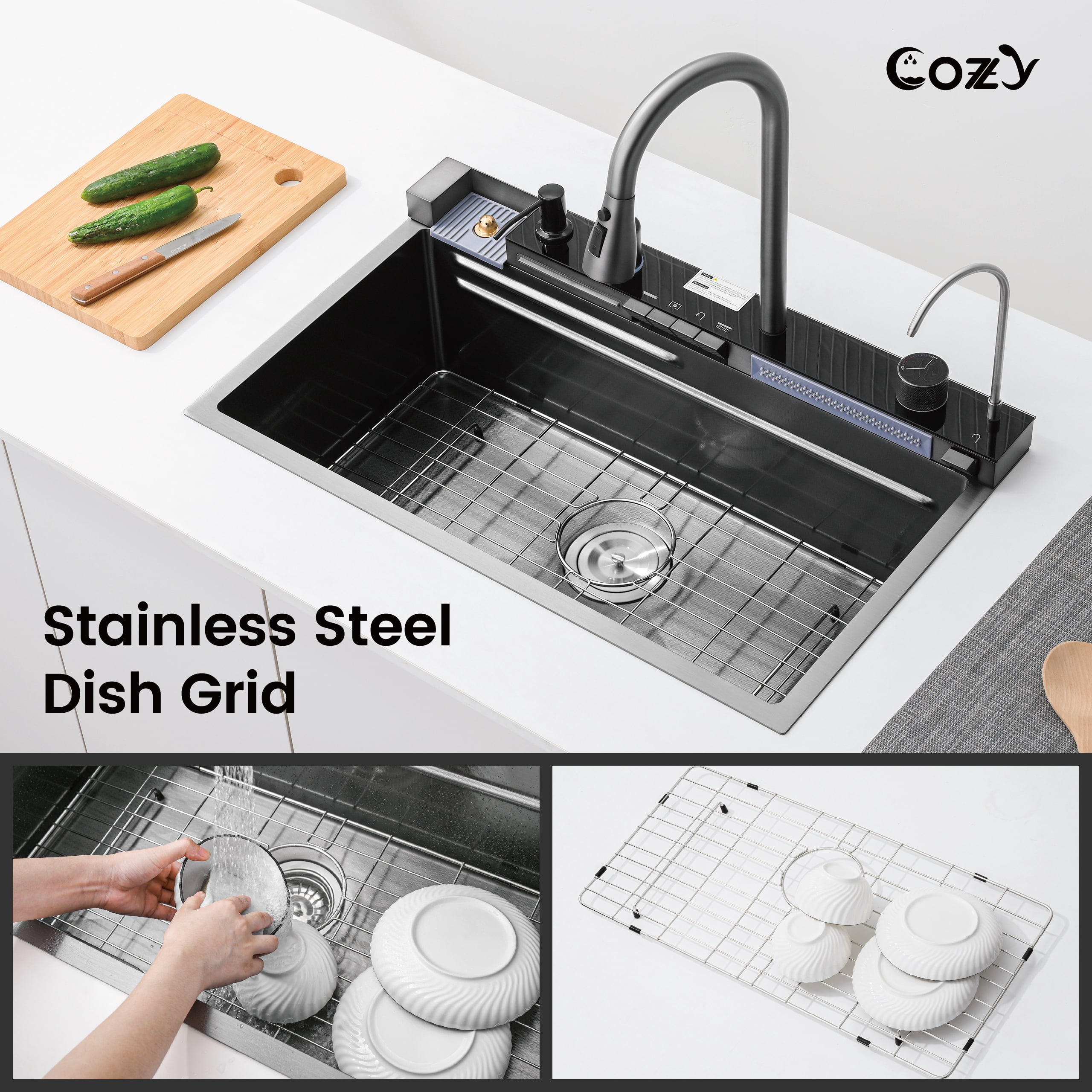 Pull-out Faucet Single Bowl Sink, Kitchen Vegetable Sink 304 30"x18" Whale Waterfall Sink Stainless Steel Dish Sink wIth Dishwasher Accessories Household Vegetable Washing Basin, Black