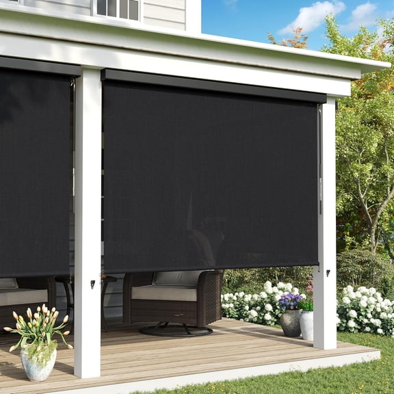 Outdoor Shade, Exterior Patio Cordless Blinds with Aluminum Valance Roll Up Shades for Porch Gazebo Balcony Backyard (4' W X 8' L), Graphite Black