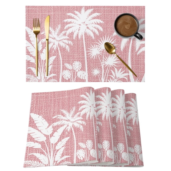 Pink Palm Trees Placemats Set of 6 Tropical Vintage Summer Botanical Place Mats Indoor Wipeable Table Mats Washable Cloth Dining Table Placemats for Kitchen Holiday Party Home Decor 13x19 Inch