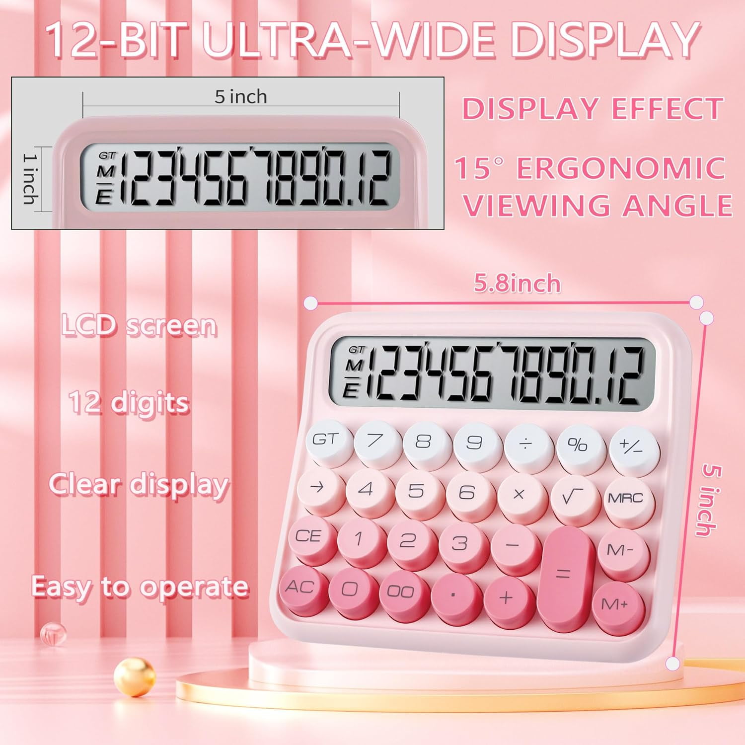 Mechanical Calculator 12 Digit Desk with Extra Large 5" LCD Display, Big Easy-Press Buttons, 15° Tilted Screen, Office & School Desktop