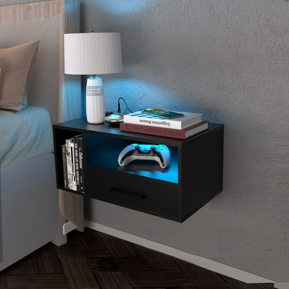 LED Nightstand with Remote Control 26.8” Modern Floating Nightstand with USB Port and Outlet for Bedroom, Black