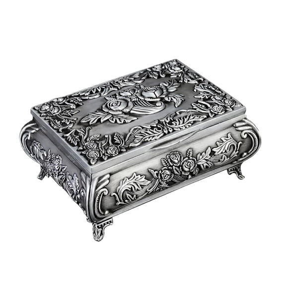 Vintage Jewelry Box, Floral Engraved Trinket Box with Ring Rolls & Compartments, Small Silvery Metal Box for Home Decor & Girls Ladies Women, Small