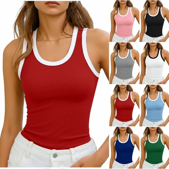 Horkkom Tank Tops for Women Summer Slim Crop Going Out Tops Casual Ribbed Sleeveless Tops L