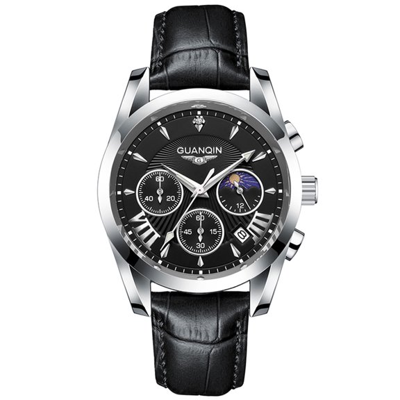 GUANQIN Men Sport Analog Stainless Steel Leather Band Wristwatch Dress Waterproof Calendar Moon Phase Multifunctional Quartz Wrist Watch Casual Fashion Luminous Clock