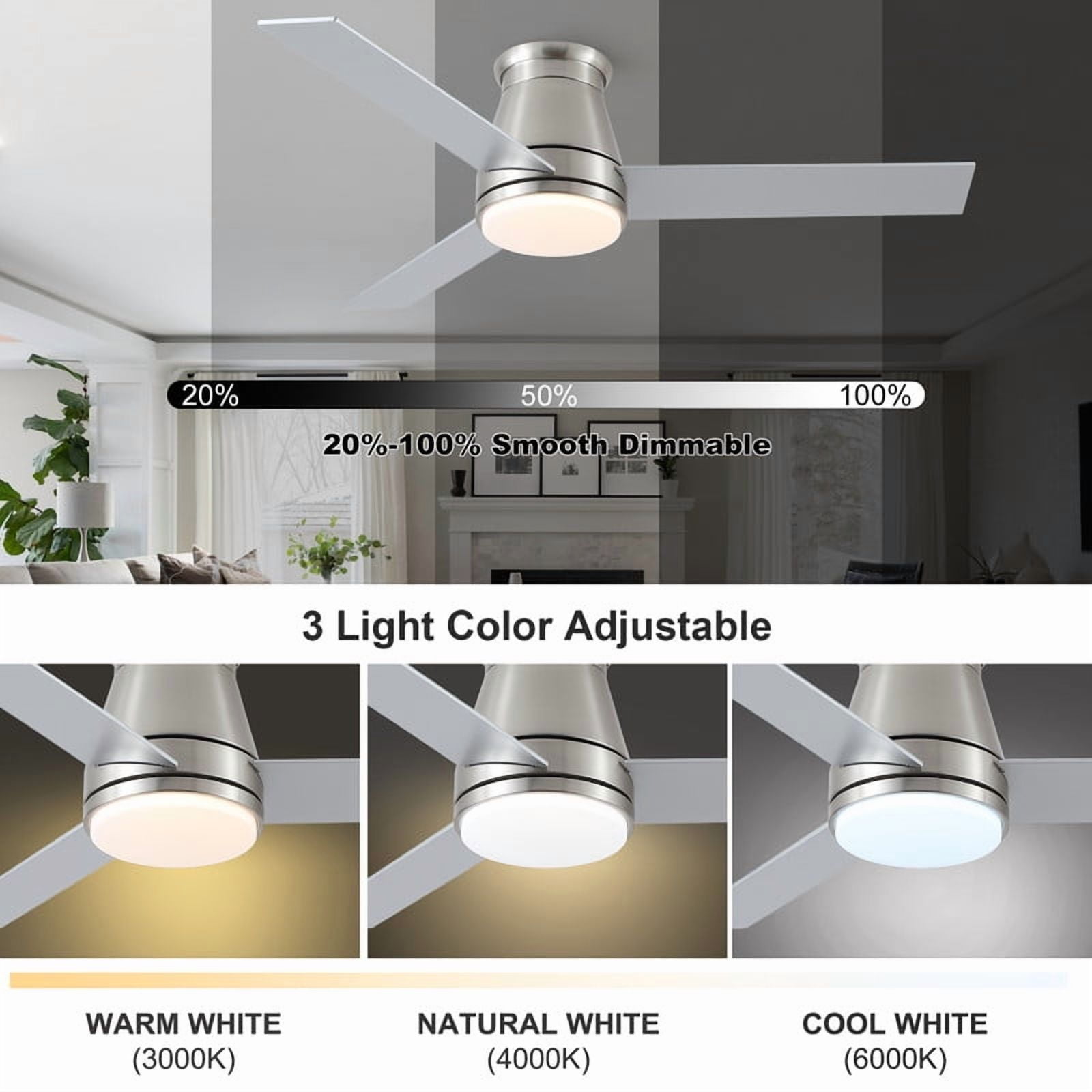Wellspeed 48 in. Mordern Ceiling Fan with Dimmable Light Kit and Remote, 3 Blades, 6-Speed Reversible DC Motor, for Indoor, Brushed Nickel