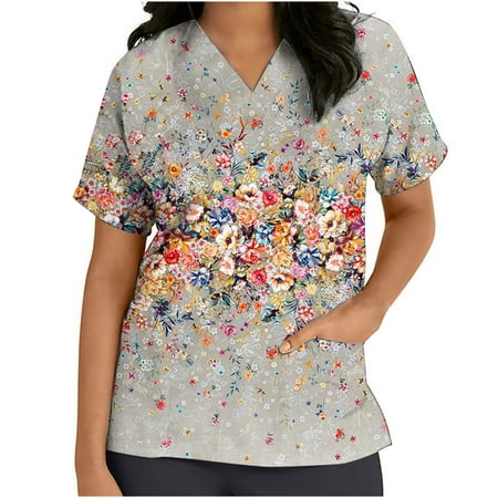 

Funicet Black and Friday Deals Plus Size Tops for Women Nursing Uniforms Scrubs V Neck Working Uniform Short Sleeve Tops Floral T-Shirts Workwear with Pockets