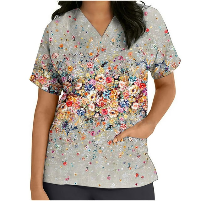 Blusa de manga corta con cuello en V para mujer, uniforme con estampado de bolsillos, blusa de enfermería Fridja bn6698