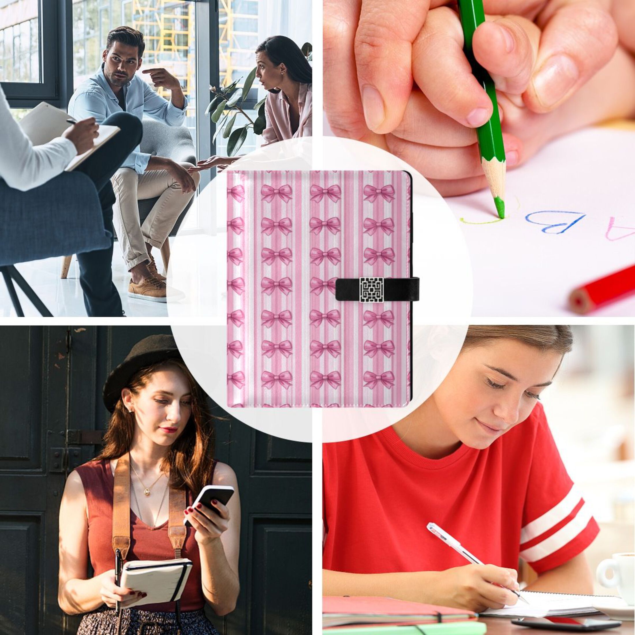 9.2x6.7 inch Leather Notebook 100 Sheets, Multi-Pocket Design & Pen Loop Pink Bows Refillable Journal Organizer