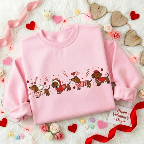 Valentine’s Dachshund Sweatshirt, Funny Puppy Heart Crewneck, Valentine Gift for Dog Lovers