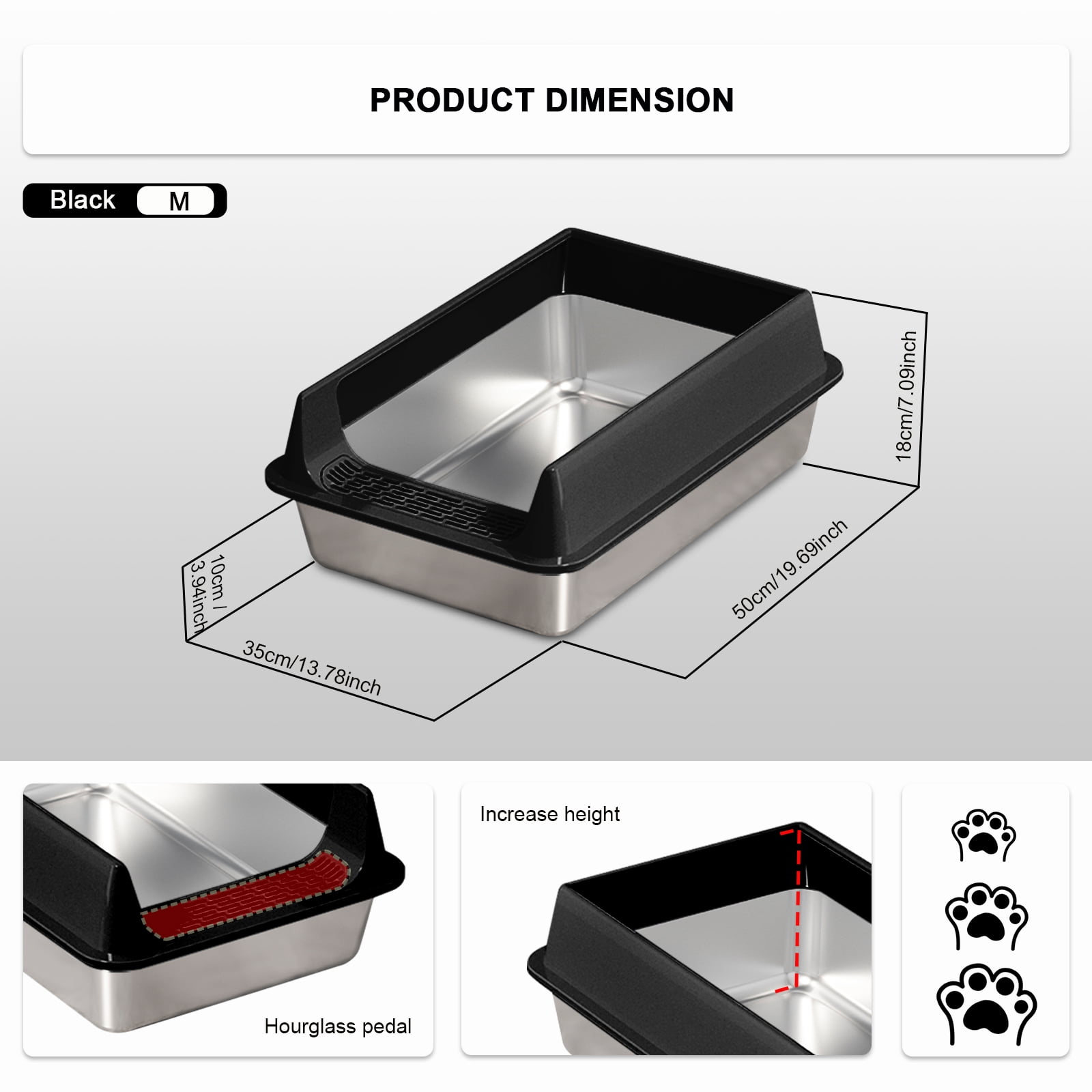 Stainless Steel Litter Box, Semi Enclosed High Side Cat Litter Box, Top Entry Litter Boxs for Senior Cats, Leak-Proof, Non-Sticky, Ideal for Indoor Cats Kitten, Black/M