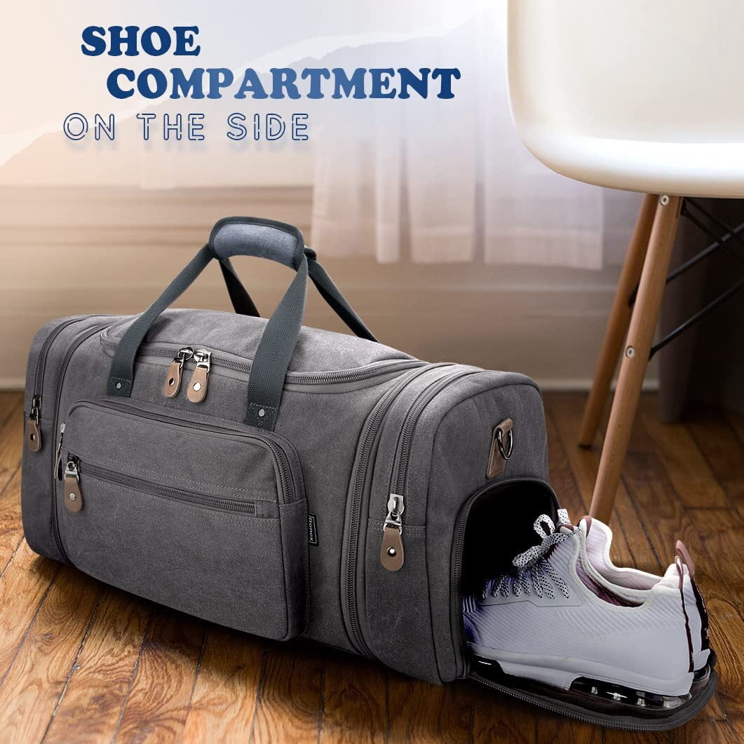 Gonex 60L Canvas Duffel Bags 27" Expandable Travel Duffle Overnight Weekender Bag with Shoe Compartment for Men Women