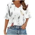 thumbnail image 2 of JTZGDY Womens Tops 3/4 Flared Sleeve Cute Floral Printed Summer V Neck Graphic Tunic T-Shirts Loose Irregular Hem Blouse Dressy Ruffle Top White S, 2 of 6