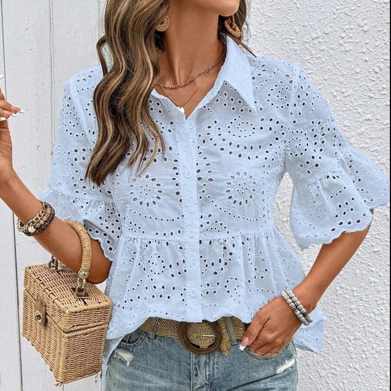 Button Down Shirts for Women Short Bell Sleeve Eyelet Lace