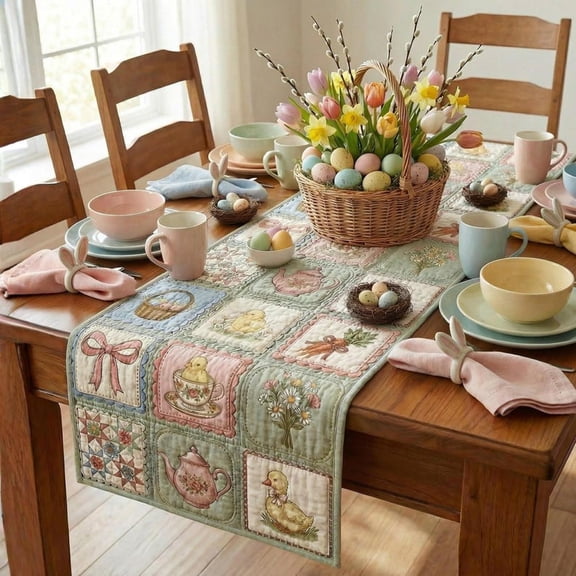 Quilted Easter Table Runner – Pastel Patchwork Print, Spring Decor