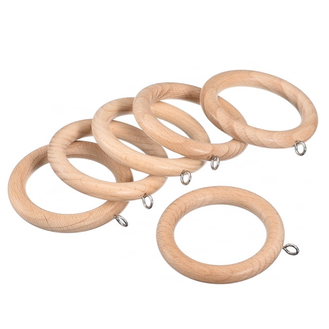 Uxcell 6Pack 2.75 Inch Wooden Curtain Drapery Ring Hook for Curtain Drapery Rod, Natural