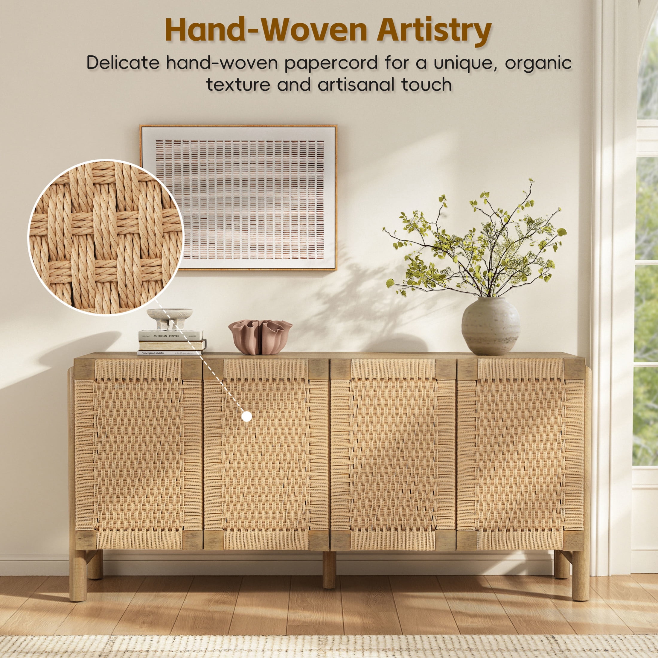 Christopher Knight Home Boho Storage Cabinet with Handwoven Paper Rope Doors, Solid Wood Legs, Natural