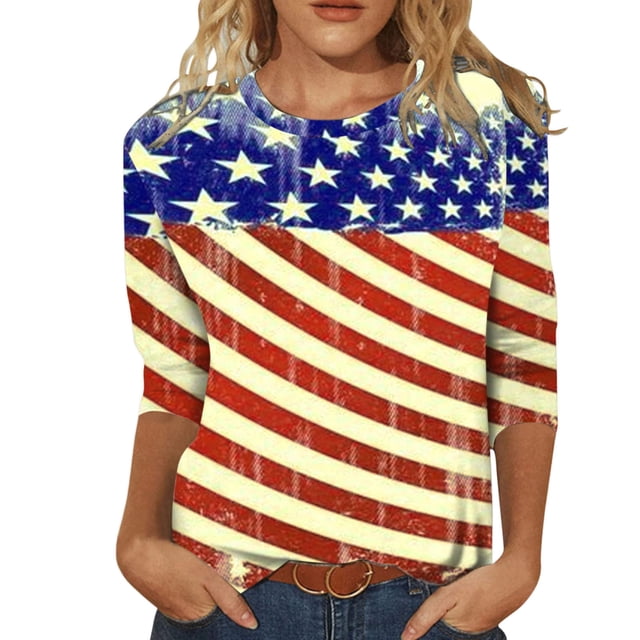 Pompotops Chemisier Ample pour Femme à Col Rond, Manches 3/4, Patriotique avec Drapeau Américain des États-Unis, Haut, Fête de l'Indépendance