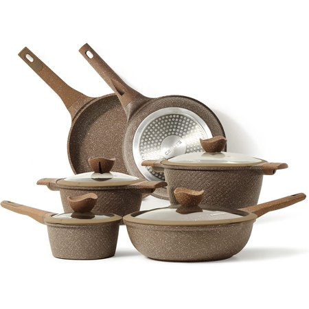 Carote Nonstick Cookware Sets, 10 Pcs Pots and Pans Set Nonstick, Healthy Non Stick Induction Stone Cookware Kitchen Granite Cooking Set w/Frying Pans & Saucepan, PFOS, PFOA Free (Brown Granite)
