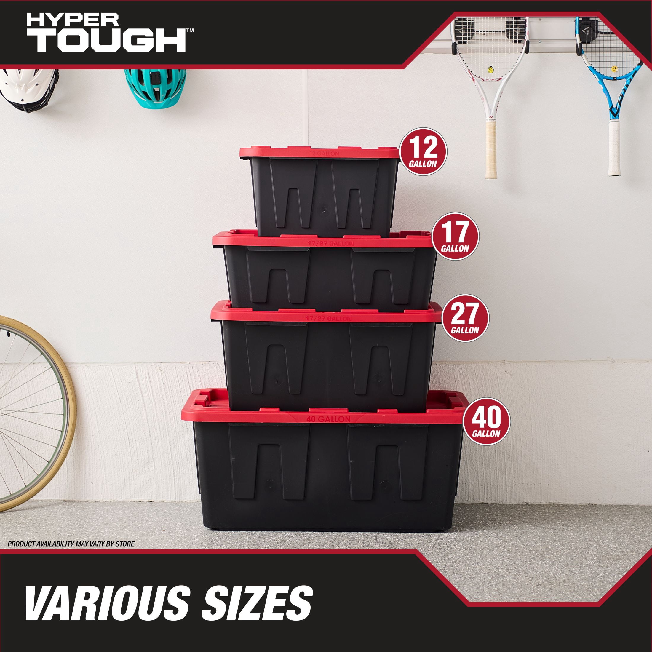 (Pack of 2) Hyper Tough 40 Gallon Extra Large Storage Bin with Snap Lid, Black and Red, Heavy Duty Plastic Storage Container