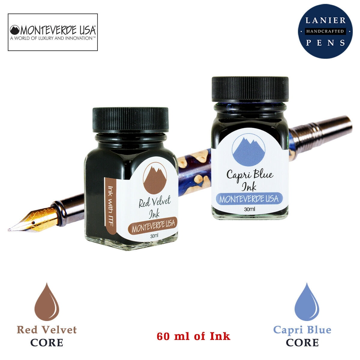 Monteverde 60ml Core Fountain Pen Ink Bottle (30ml Red Velvet Ink Bottle G309RV, 30ml Capri Blue Ink Bottle G309CB)