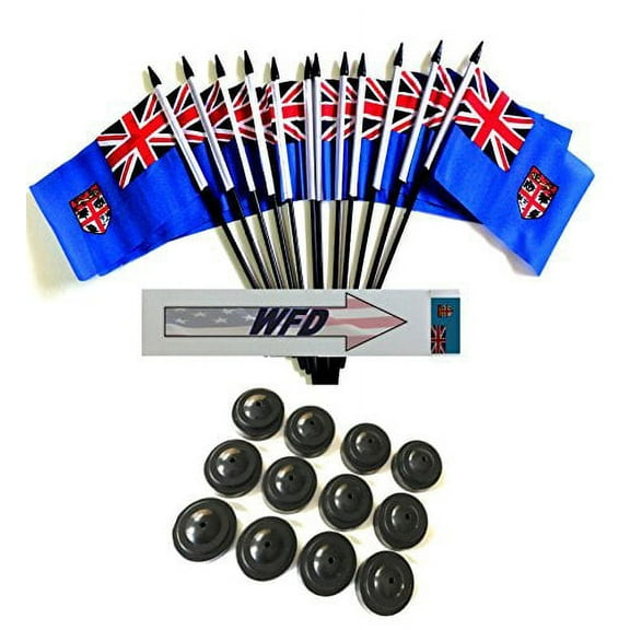 Pack of 12 4"x6" Fiji Polyester Miniature Office Desk & Little Table Flags, 1 Dozen 4"x 6" Fijian Small Mini Handheld Waving Stick Flags with 12 Flag Bases (Flags with Stands)