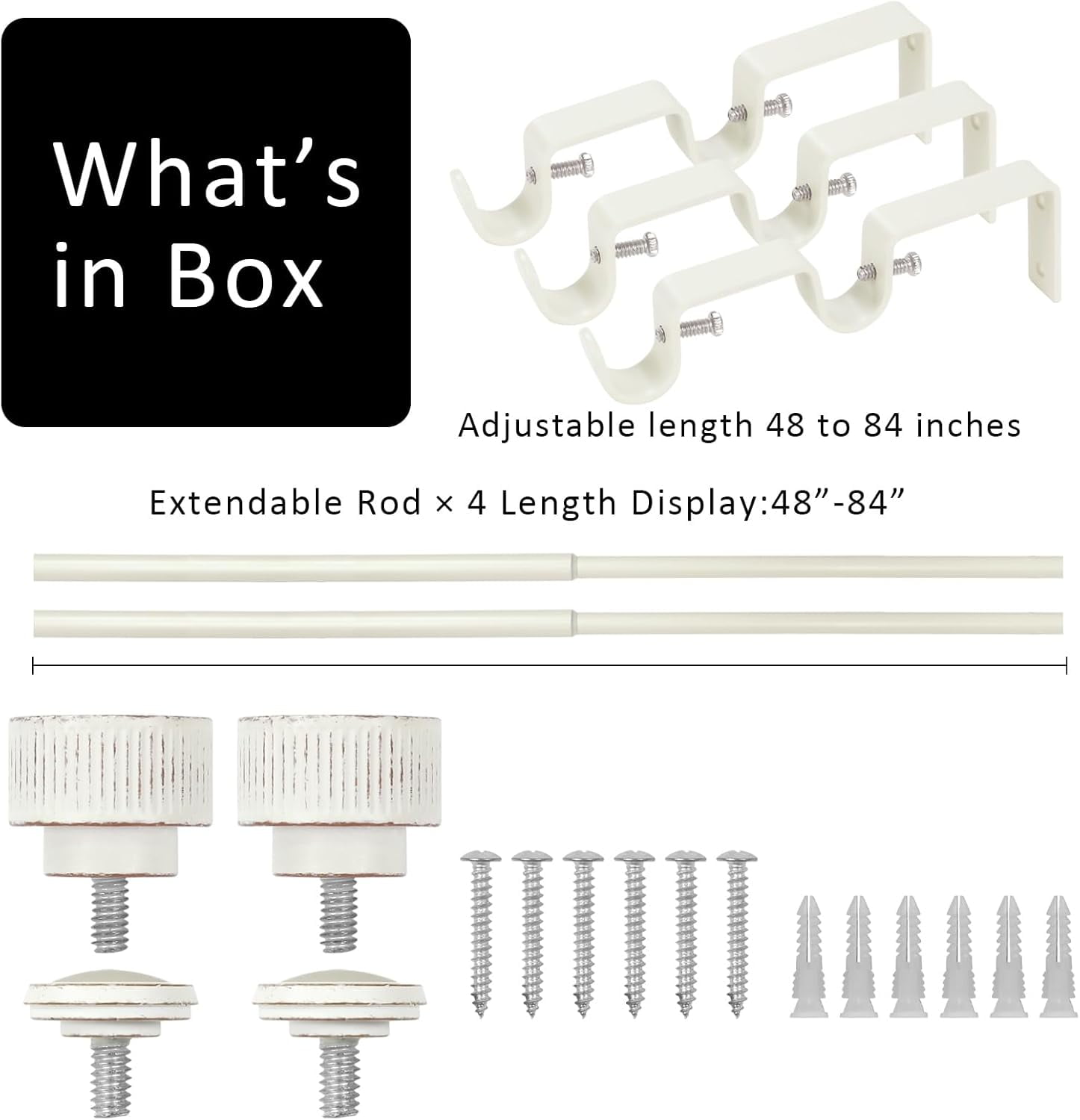 eTeckram 5/8" Double Curtain Rod with Bouton Finials,Weathered White,48‘’-84‘’