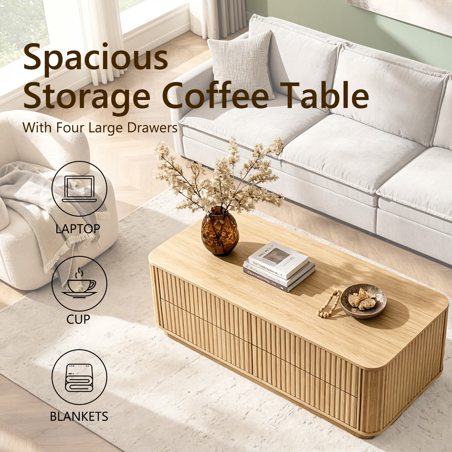 IFMUST 51" Modern Fluted Coffee Table with 4 Hidden Drawers, Curved Edges, for Living Room