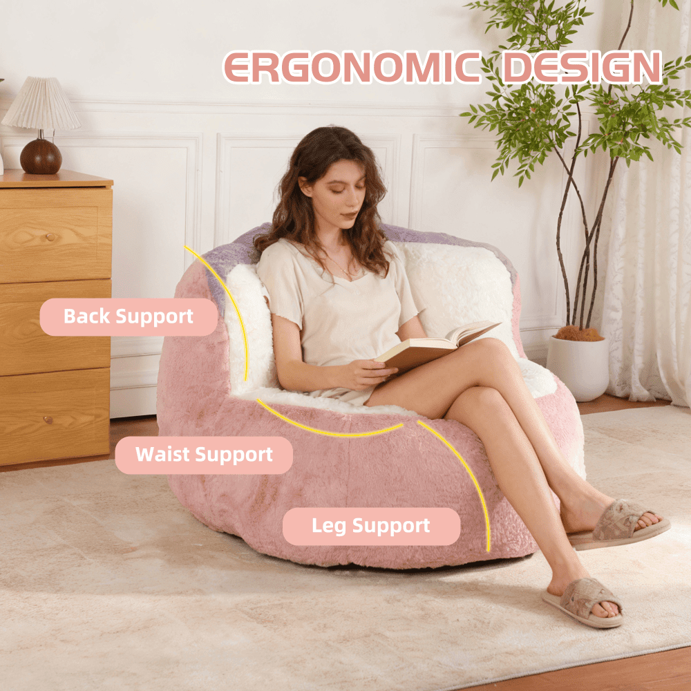 Tcbosik Bean Bag Chair, Comfy Faux Fur Reading Chair for Adults, Single Sofa Chair, Lounge Chair for Home Office, Pink+White+Purple