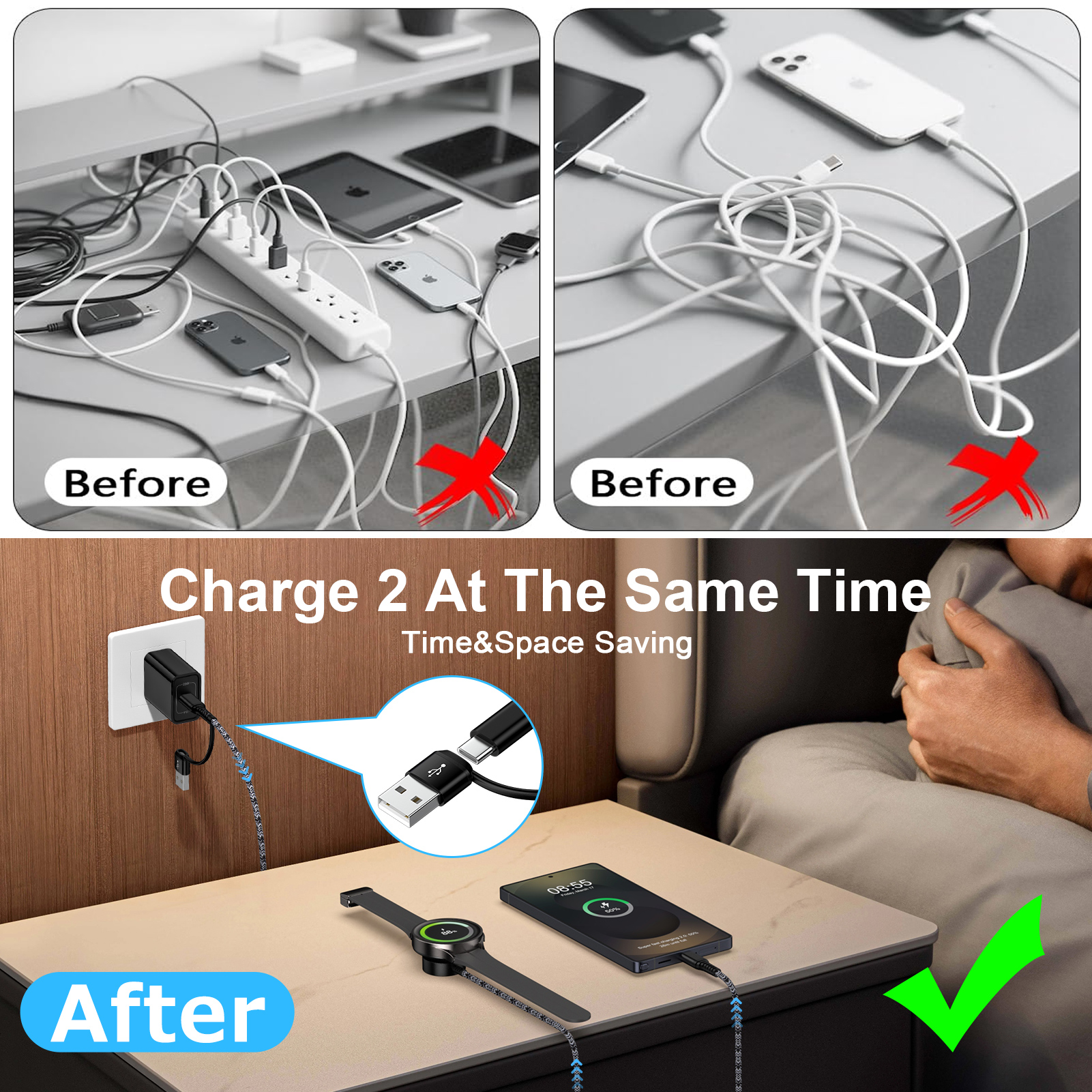 2 in 2 USB C Watch Charger,2Pack Type C Charger Block w/ Type C Charger Cable Cord 6FT USB C Fast Charging Dock Stand Replacement Wireless Magnetic USB Type C Watch Charger Pad Compatible for Samsung