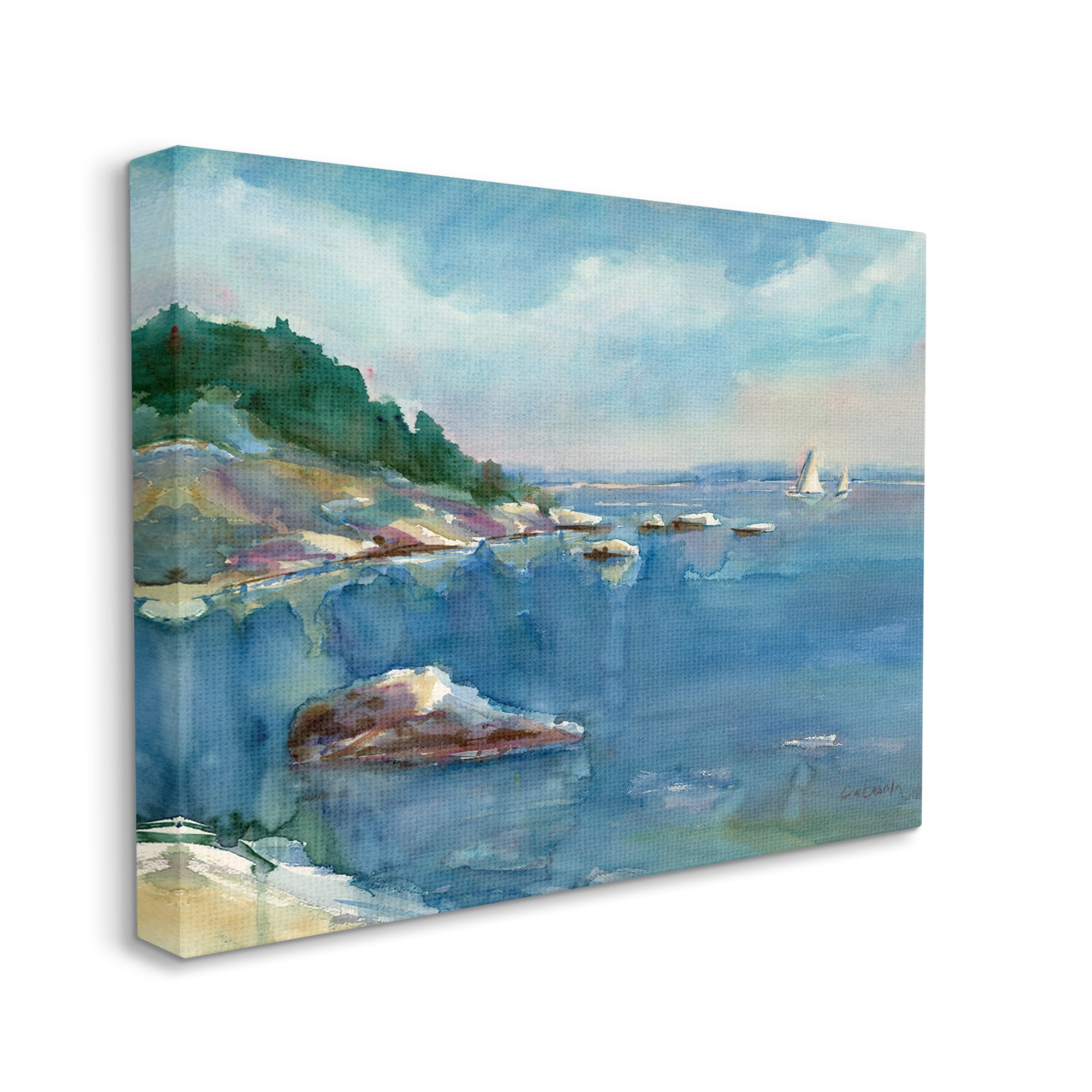 Stupell Industries Boats Floating Rocky Beach Cliffs Watercolor Detail Painting Gallery Wrapped Canvas Print Wall Art, Design by Stephen Calcasola