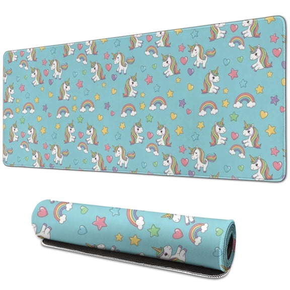 Long Mouse Pads for Desk,Blue Cartoon Unicorn Rainbow Star Heart Desk Mats on Top Of Desks, Desk Mouse Pad Extra Large with 3mm Non-Slip Base and Stitched Edge for Gaming,Work,Home 31.5"x11.8"