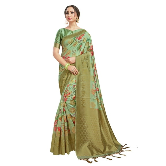 Sarees for Women Banarasi Art Silk Digital Print Sari with Zari Resham Woven Border - Indian Gift Saree & Unstitched Blouse Olive Green