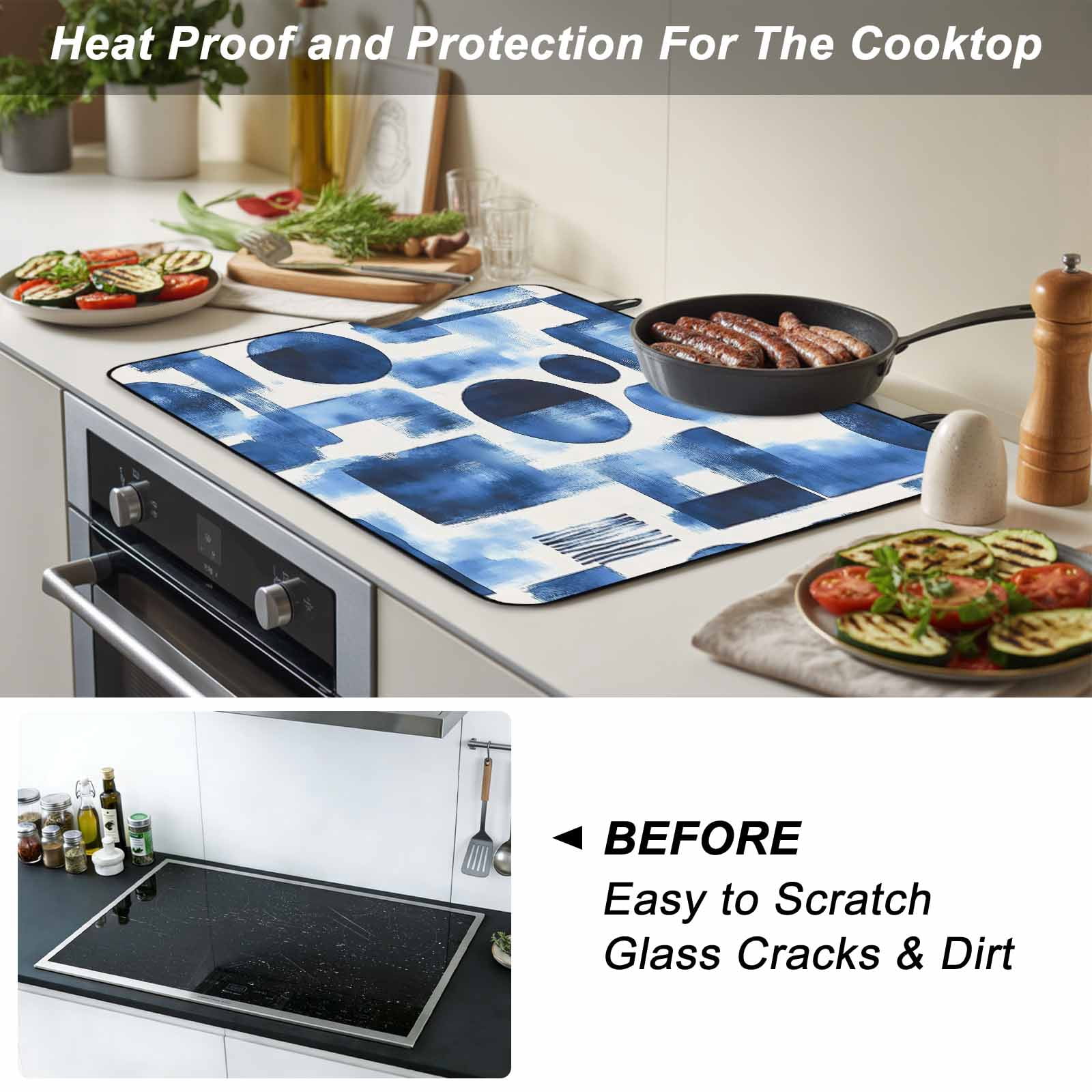 Blue Geometric Stove Top Cover for Electric Stove, Heat-proof & Non Slip Glass Top Stove Cover Protector, Modern Abstract Vintage Art Aesthetic Kitchen Flat Cooktop Rubber Mat 24x21 Inches