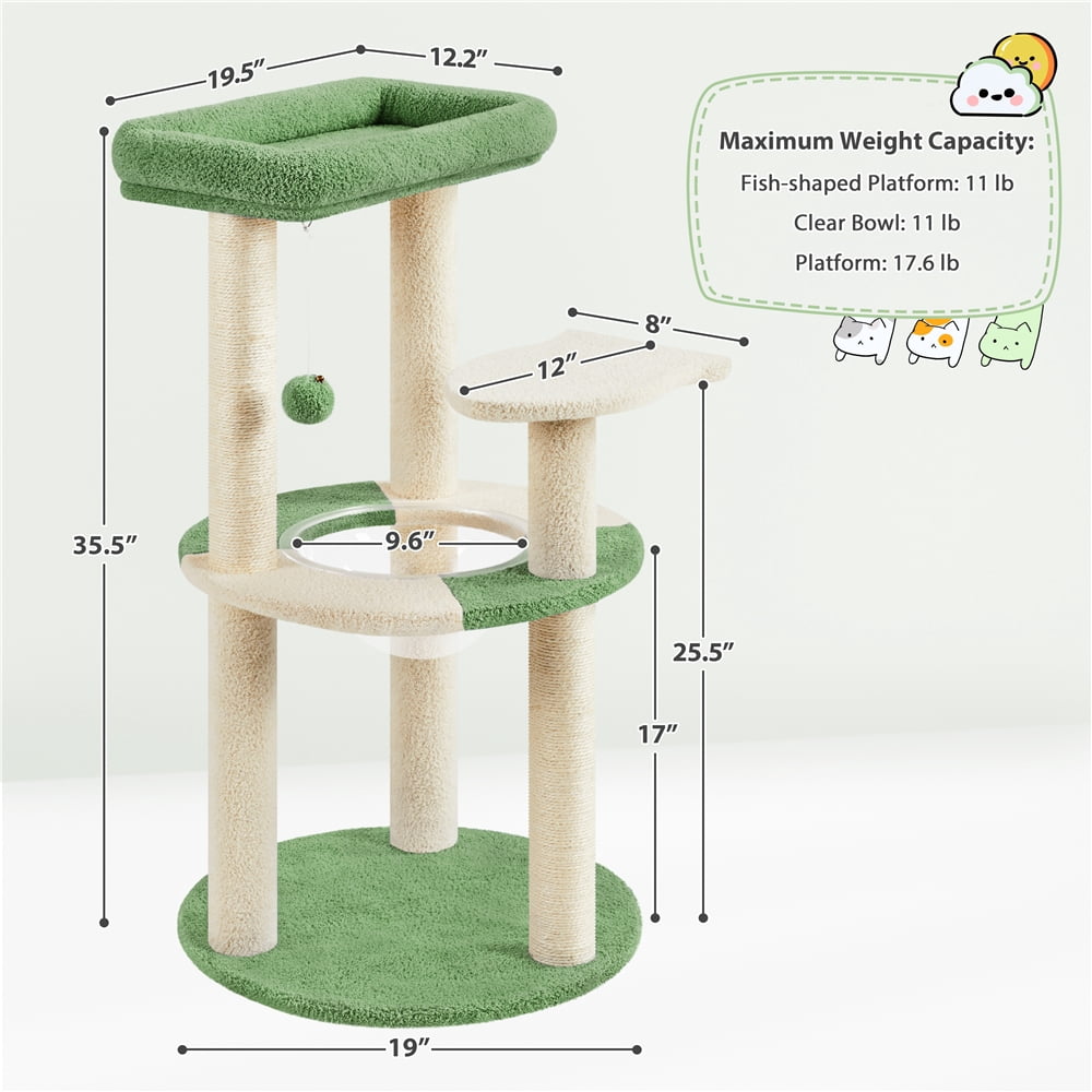 Yaheetech 35.6″ Tall Ocean Cat Tree with Detachable Clear Bowl, Army Green/Beige