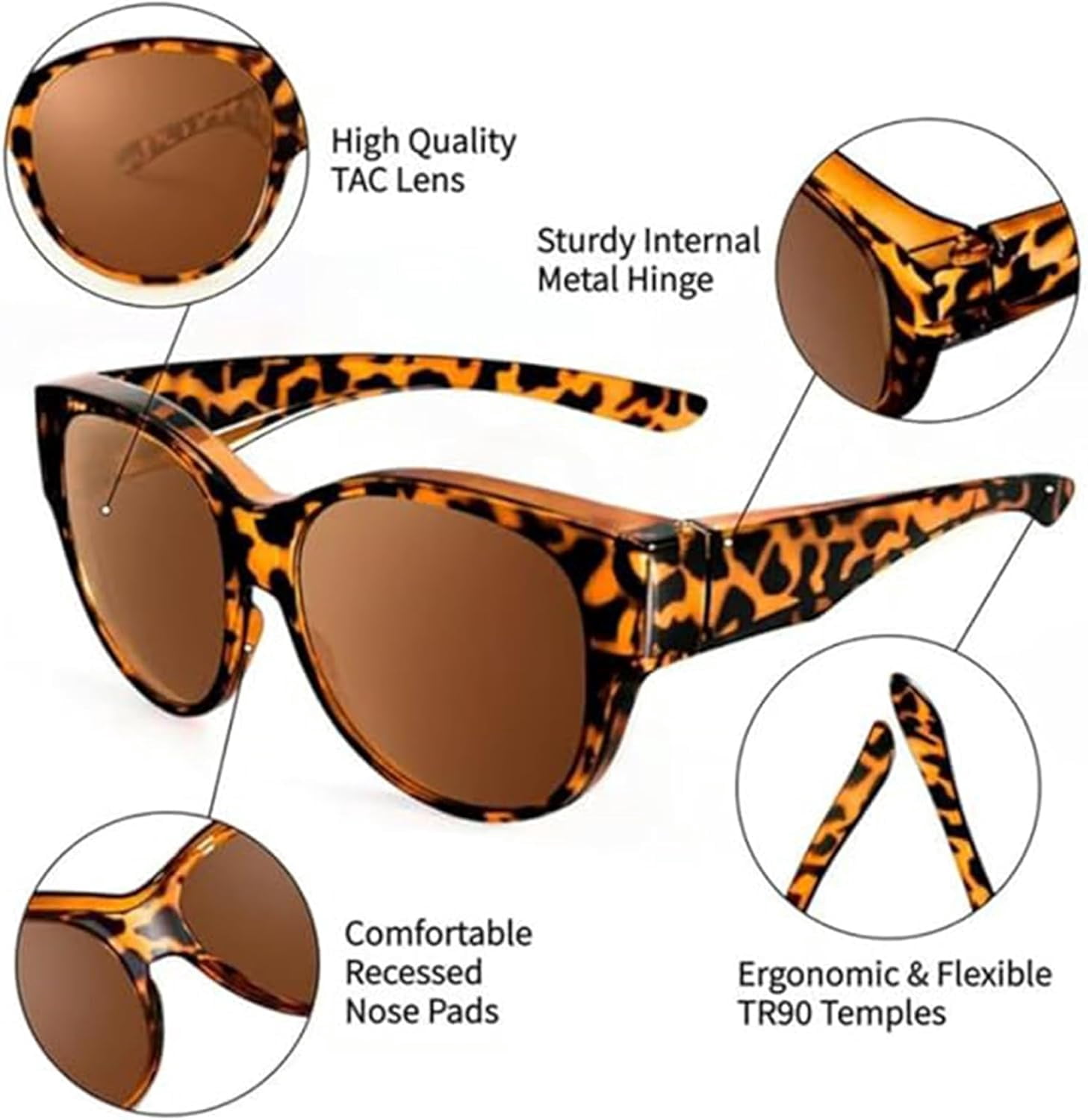 Shoreside Polarized Fit-Over Sunglasses, Trendy Round Cat-Eye Sunglasses for Women & Men (L)