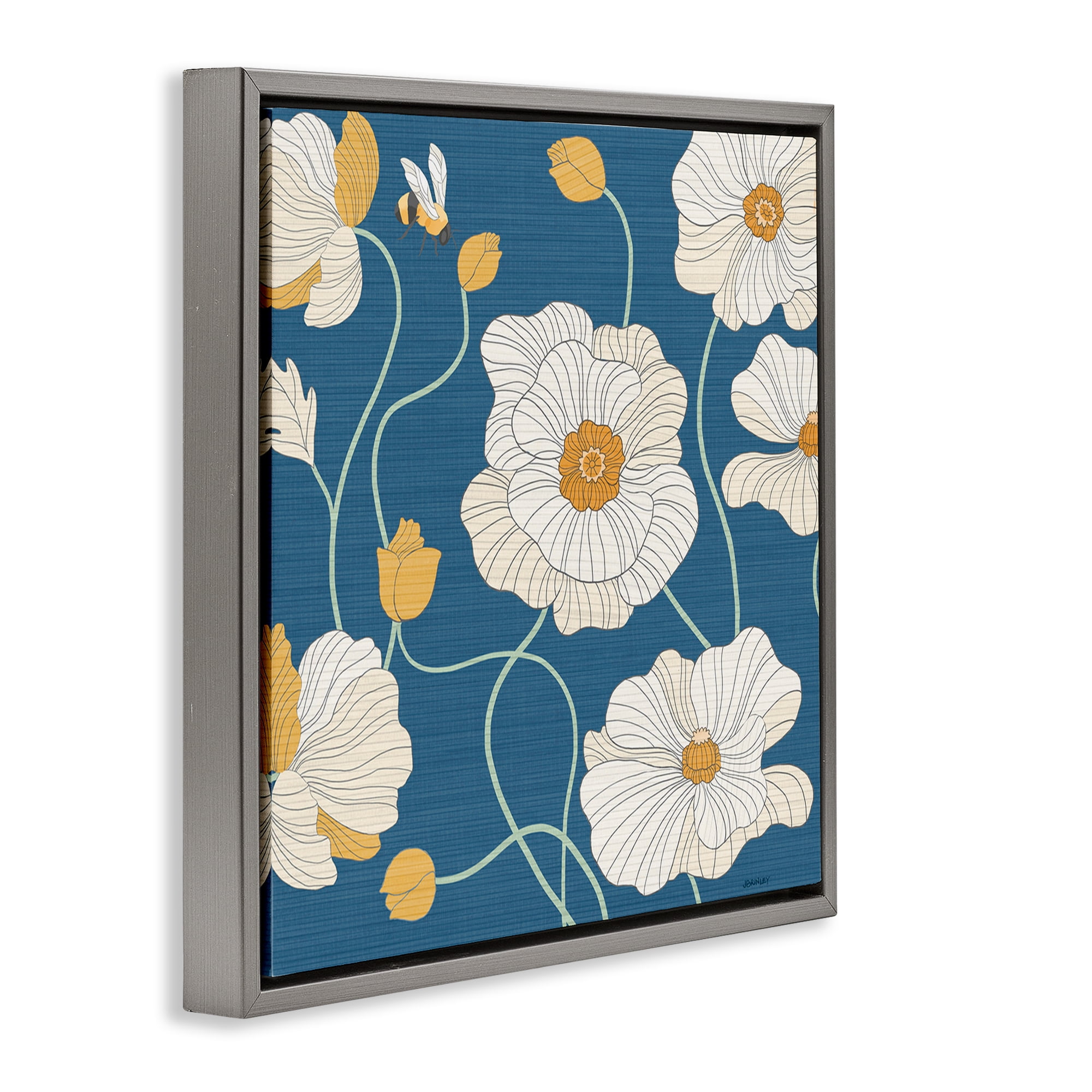 Stupell Industries Bee & White Poppies Plants & Flowers Painting Gray Floater Framed Canvas Art Print Wall Art, 25 x 25