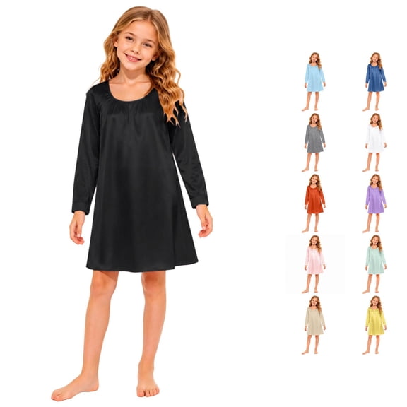 CUZIBR Baby Nightgown For Girls Long Sleeve Pleated Crew Neck Sleepwear Solid Color Lightweight Loungewear Leisure Casual Daily Nightwear,Black,5-6 Years