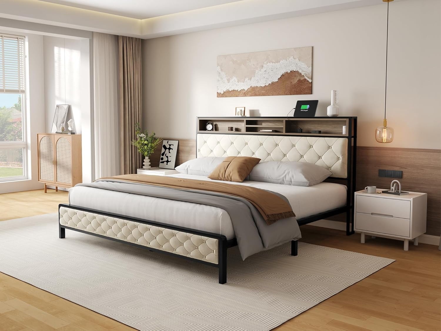 Newest King Size Platform Bed Frame with Charging Station - Beige Upholstered Storage Headboard for Master Bedroom & Guest Room Organization​