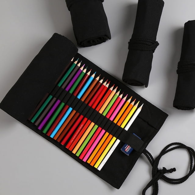 Estuche para lápices enrollable de lona hecho a mano de color negro puro, con 12, 24, 36, 48 y 72 agujeros, de gran capacidad, para hombres y mujeres, con cortina para lápices de colores