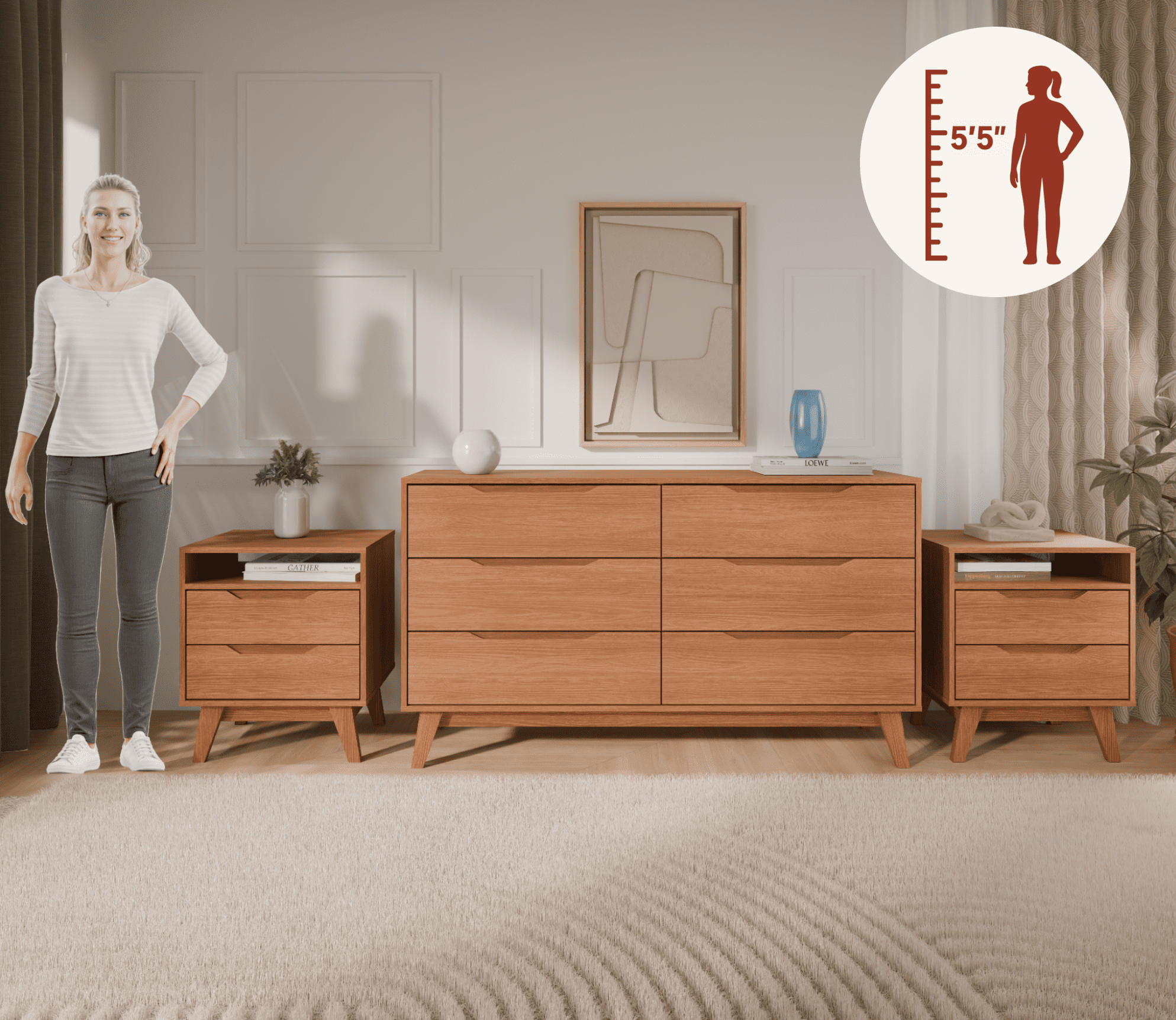 Kappesberg Bedroom Furniture Set with 6-Drawer Dresser and 2 Nightstands Golden Oak – Modern Storage Combo
