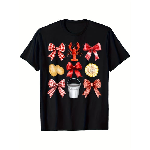 Fun Crawfish Boil Gingham Bows Graphic T-Shirt, Classic Southern Seafood Party Theme Tee, Rustic Summer Picnic Foodie Apparel